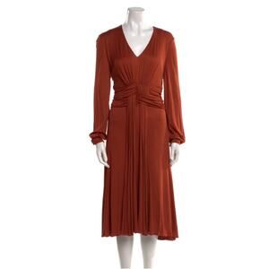 Carolina Herrera Jersey Midi Dress Burnt Orange Jeweled Cuffs Vneck Draped 2